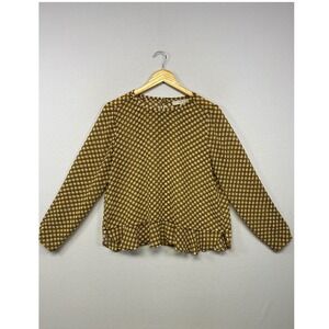 LOFT Boho Geometric Polka Dot Womens MP Mustard Yellow Peplum Ruffle Blouse
